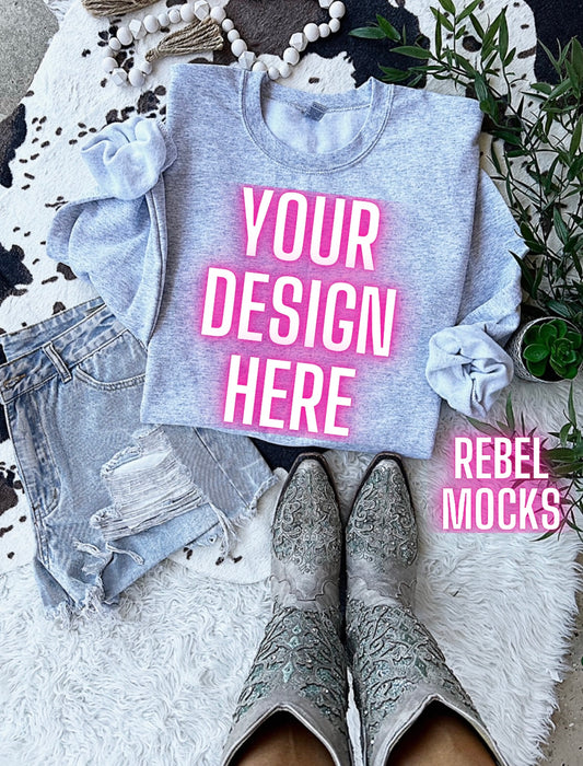 Western Vibes Ash Crewneck Sweatshirt Flat Lay Mock UP