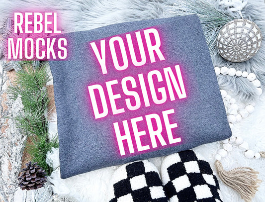 Gildan Charcoal Crew Neck Sweatshirt Neutral Holiday Winter Flat Lay Mock Up Checkered