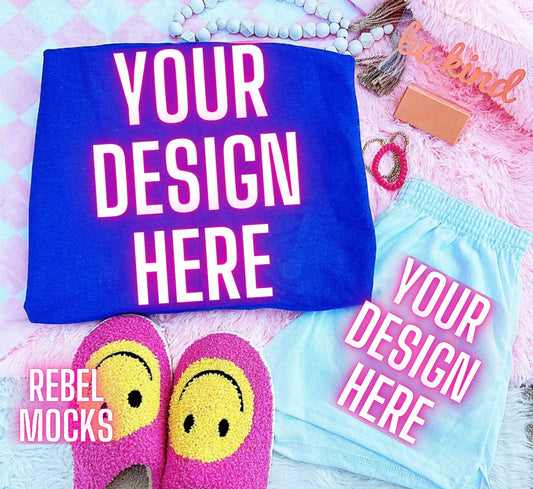 Royal Blue Crewneck Sweatshirt Happy Vibes TRENDING Flat Lay Mock up