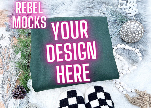 Gildan Forest Green Crew Neck Sweatshirt Neutral Holiday Winter Flat Lay Mock Up Checkered