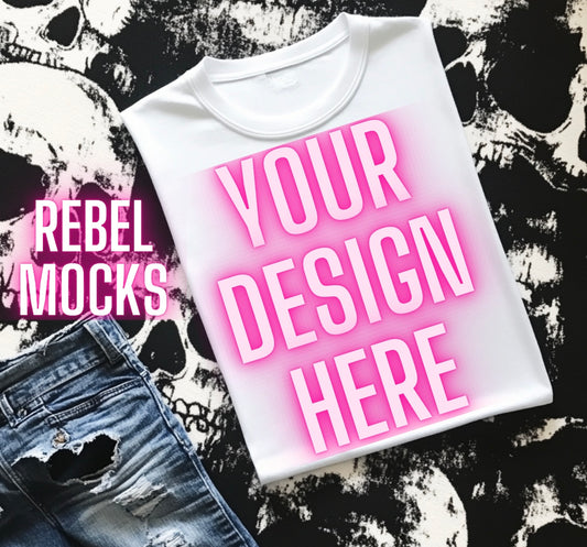 White Tee Flat Lay Mock Up Grunge Alt Rock N Roll Vibes