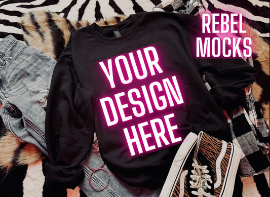 Black Crew Neck Sweatshirt Mock Up Trendy Grungy Edgy Vibes Flat Lay Mock Up