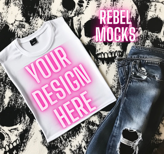 White Tee Flat Lay Mock Up Grunge Alt Rock N Roll Vibes