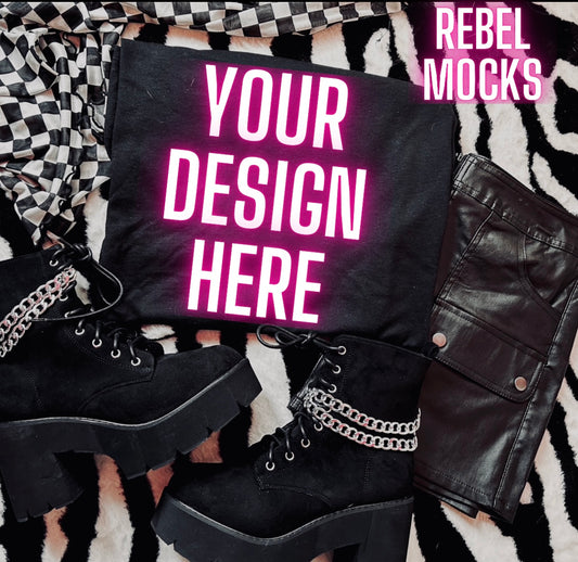 Black Tee Mock Up Trendy Grungy Edgy Vibes Flat Lay Mock Up