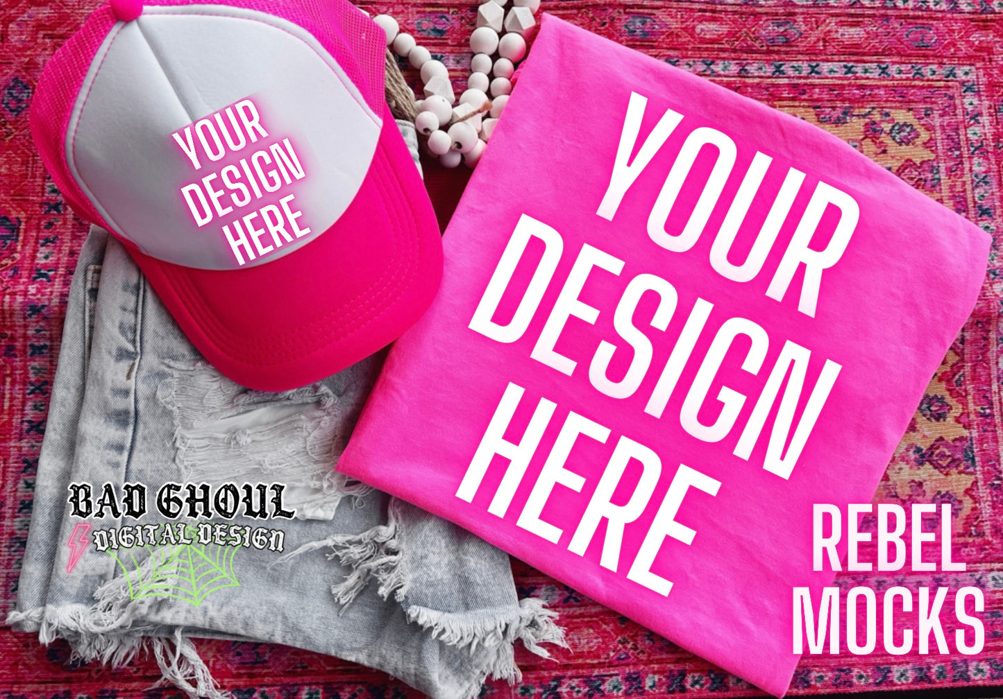 Neon Pink Tee & Hat Flat Lay Mock Up trendy