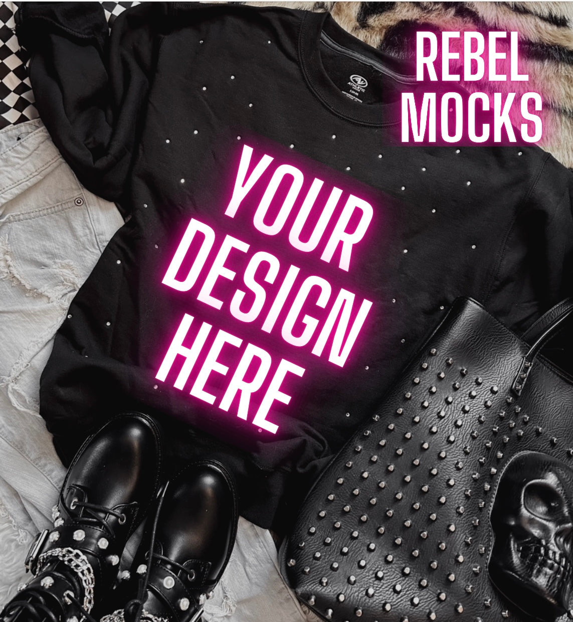 Rhinestone BLING Black Crew Sweatshirt Flat Lay Mock Up