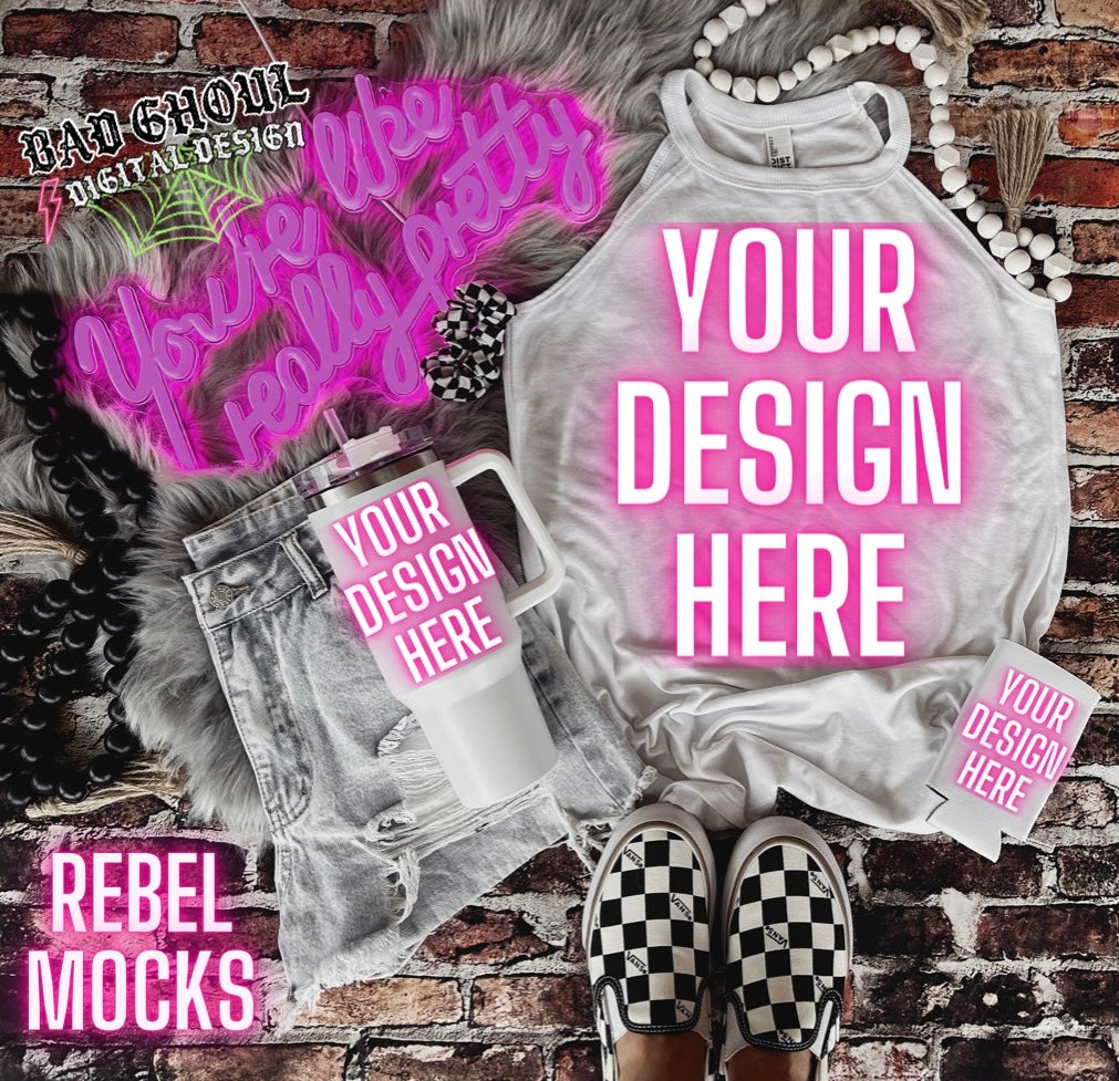 EDGY AF Vibes White Tri Rocker Tank-Tumbler-Koozie Flat Lay Mock Up