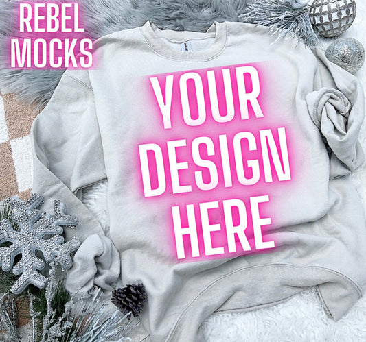 Gildan sand  Crewneck Sweatshirt Neutral Holiday Winter Flat Lay Mock Up