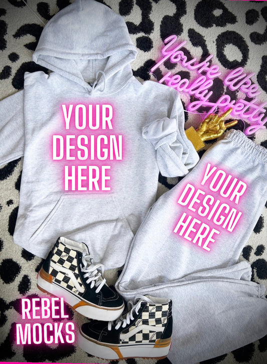 Ash Gray Sweat Set Flat Lay Mock Up TRENDING