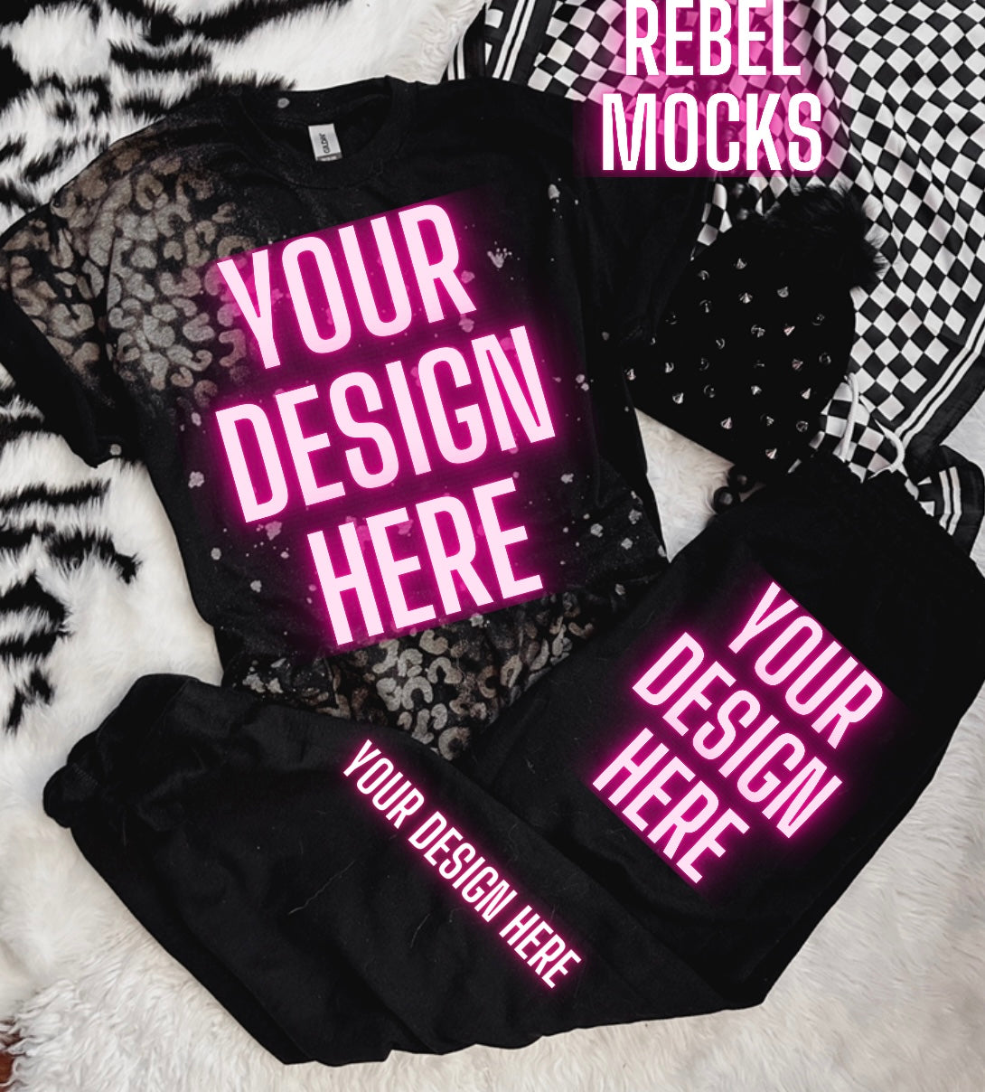 Acid wash cheetah tee and Black sweats flat Lay Mock Up TRENDING VIBES