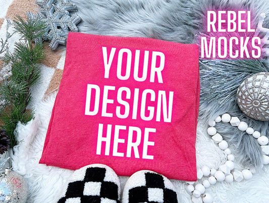 Bella Canvas Heather Red Neutral Holiday Winter Flat Lay Mock Up Checkered