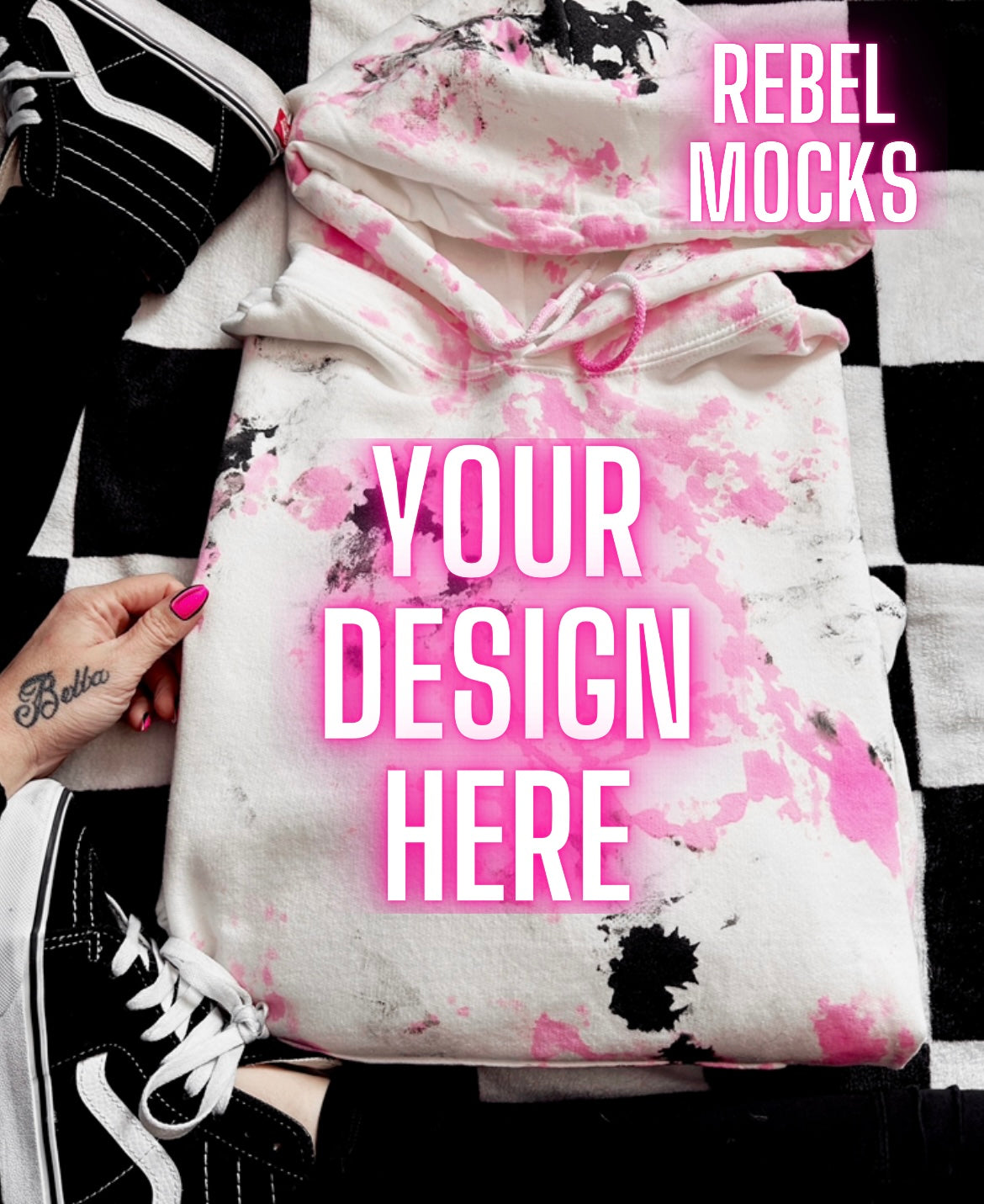 Black and Pink Scrunch White hoodie Sweatshirt Flat Lay Mock Up TRENDING