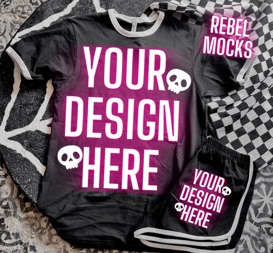 Black and White Ringer Tee Flat Lay Edgy alt Vibes Mock Up