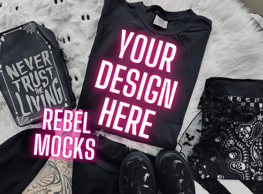 Black Tee Edgy Alt Flat Lay Mock up