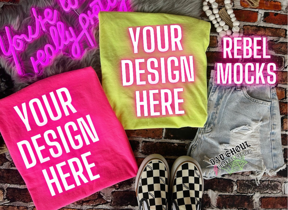 Neon Pink and Neon Lemon Tee Flat Lay Mock Up trendy