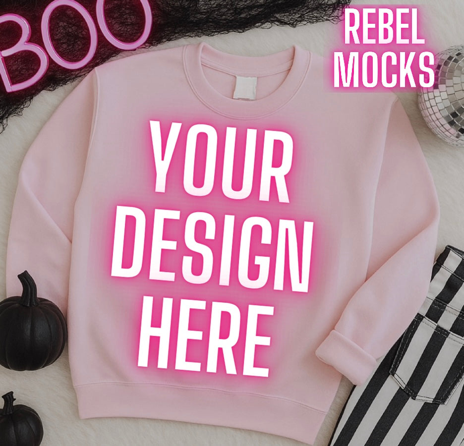 BOO Light Pink Crewneck Alternative Flat Lay Mockup