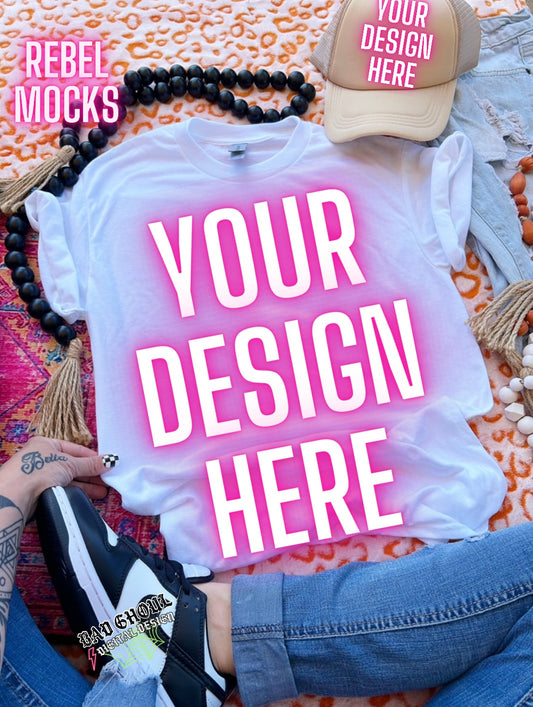 White Tee Boho Vibes TRENDING Flat Lay Mock up
