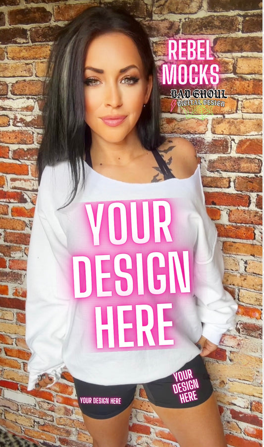 White Off Shoulder and Shorts IRL Model Mock Up trendy