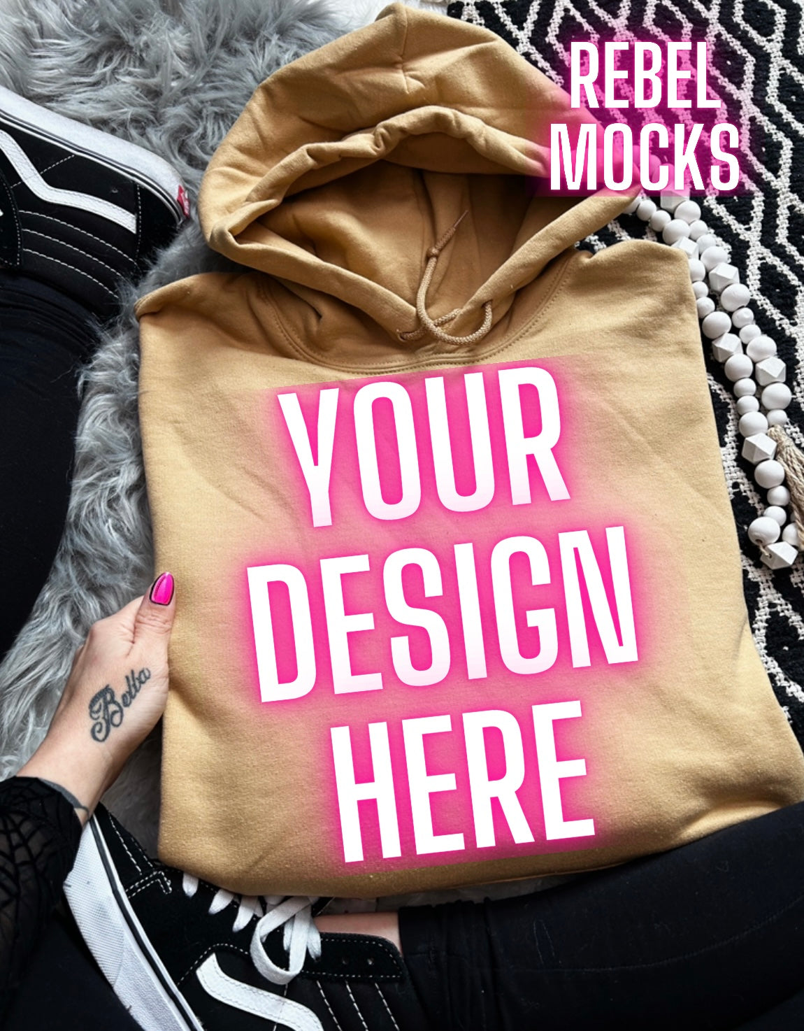 Gildan Old Gold Hoodie Sweatshirt Flat Lay Mock UP