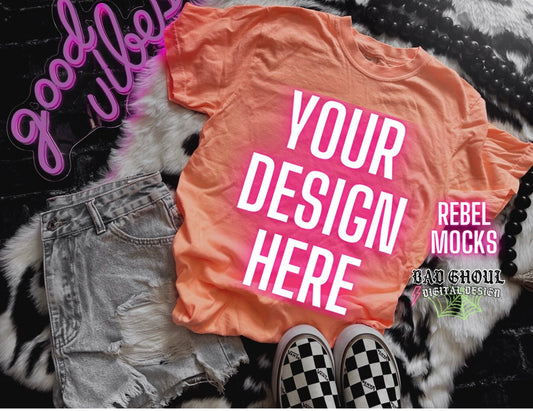 Flat Lay CC Neon Cantaloupe tee Mock Up Trendy Edgy Vibes