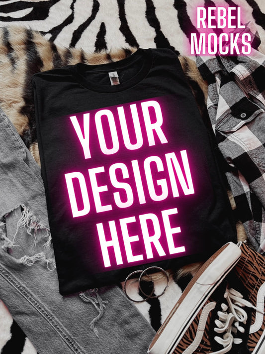 Black Tee Mock Up Trendy Grungy Edgy Vibes Flat Lay Mock Up