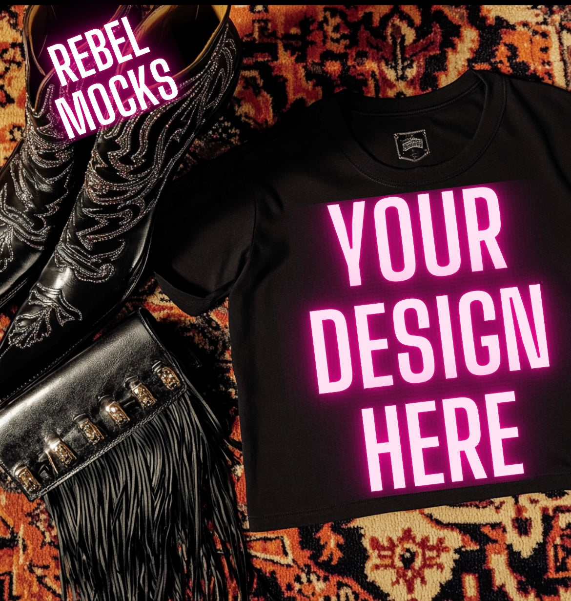 Black Tee Flat Lay Mock Up Western Grunge Alt Rock N Roll Vibes