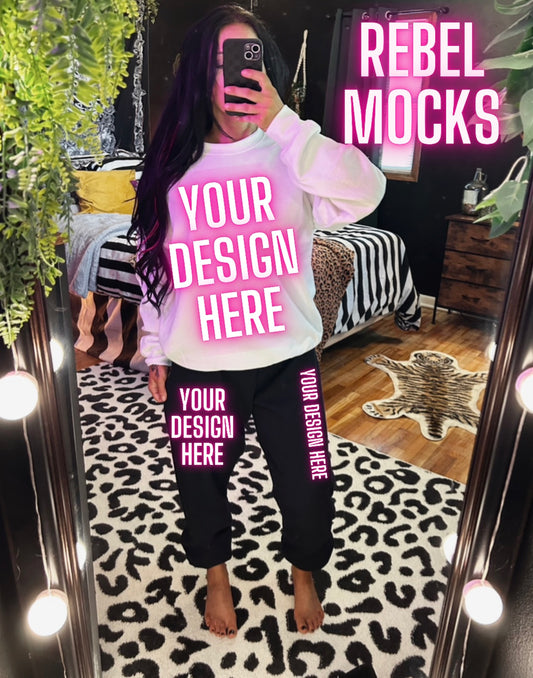 White Crew Neck and Black Sweats IRL Model Mock Up TRENDING