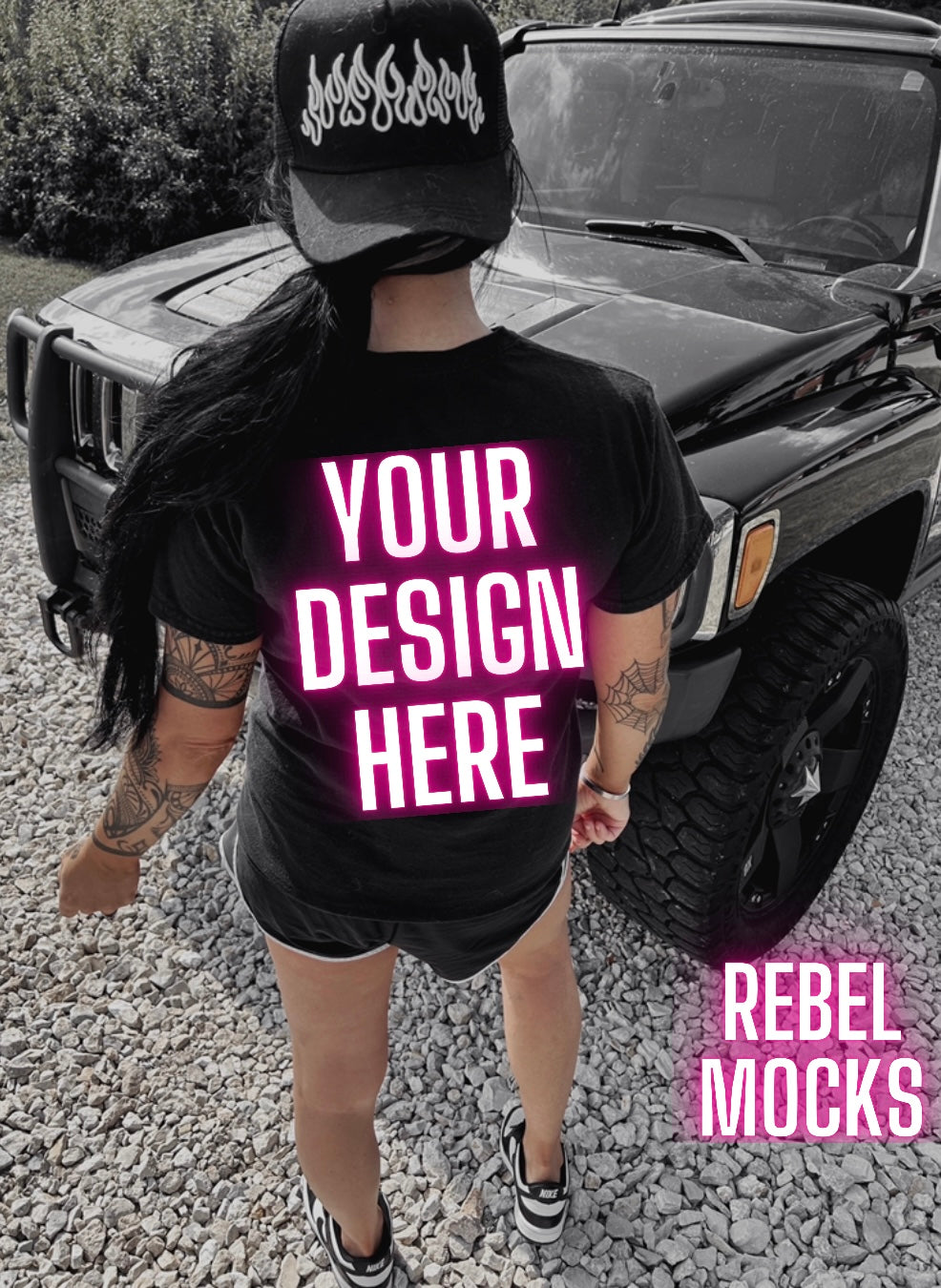 Black Back Tee IRL Model Mock Up trendy