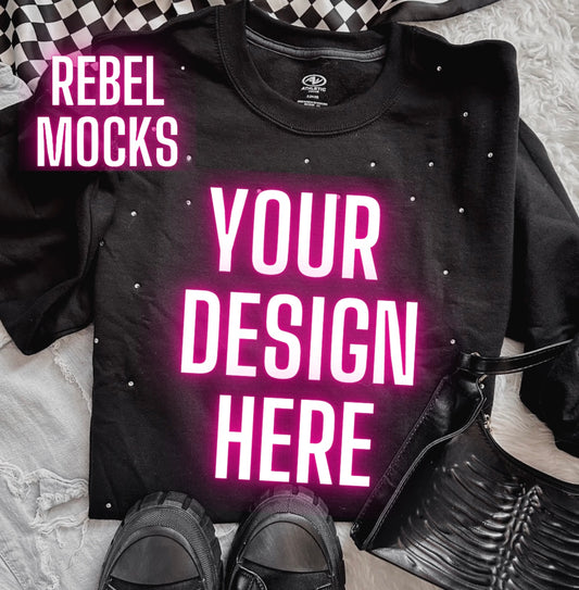 Rhinestone BLING Black Crew Sweatshirt Flat Lay Mock Up
