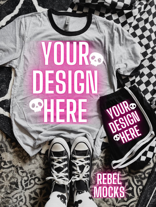 Black and Gray Ringer Tee Flat Lay Edgy alt Vibes Mock Up