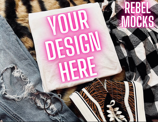 White Tee Mock Up Trendy Grungy Edgy Vibes Flat Lay Mock Up