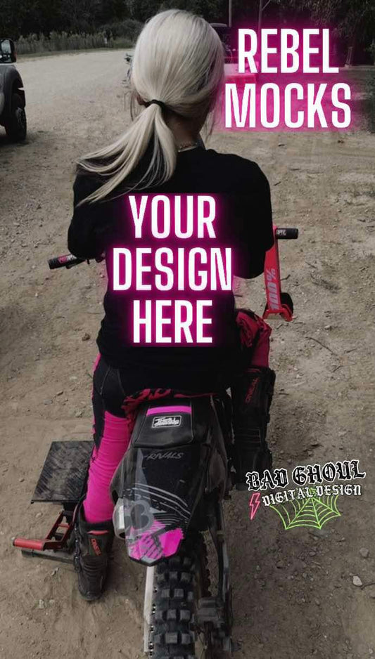 Moto Girl Black tee Back Model Mock Up TRENDING VIBES