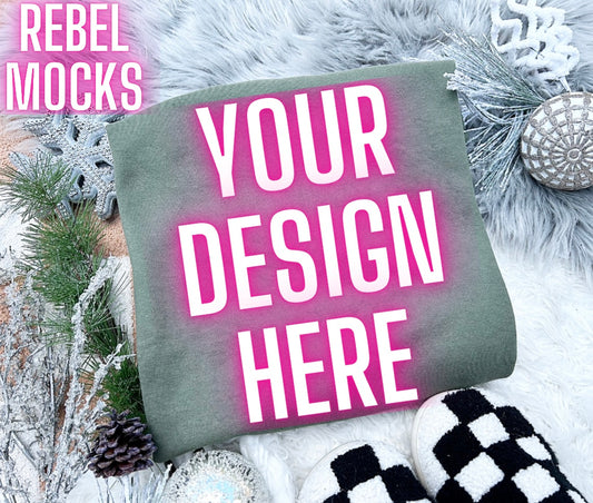 Gildan MIlitary Green Crewneck Sweatshirt Neutral Holiday Winter Flat Lay Mock Up Checkered