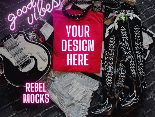 Red Tee Flat Lay Trendy Mock Up EDGY