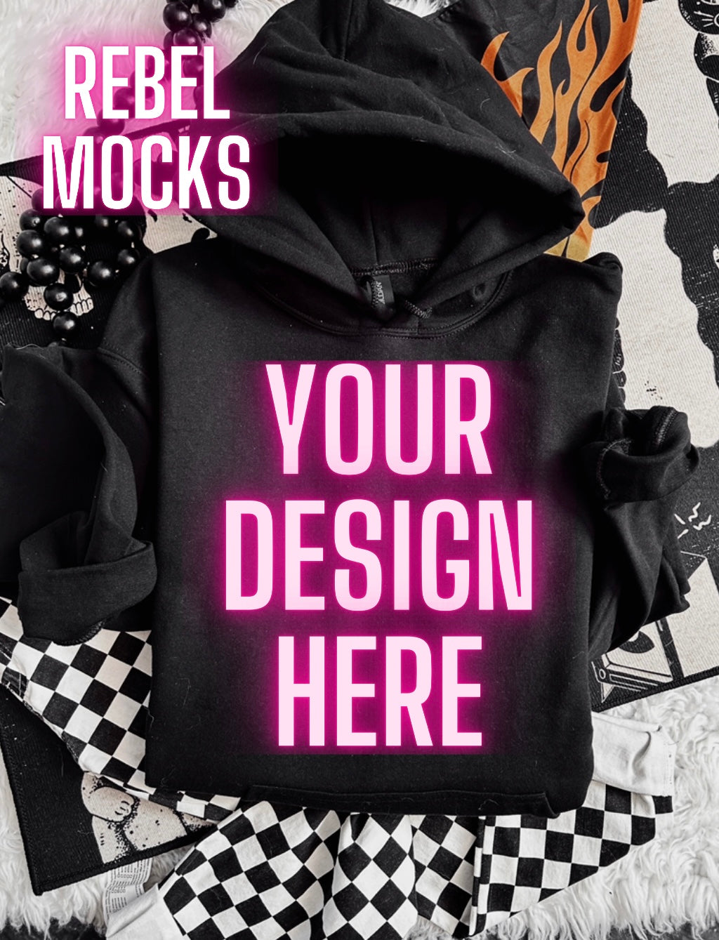Black Hoodie Sweatshirt Edgy Alt Flat Lay Checkered Mock up