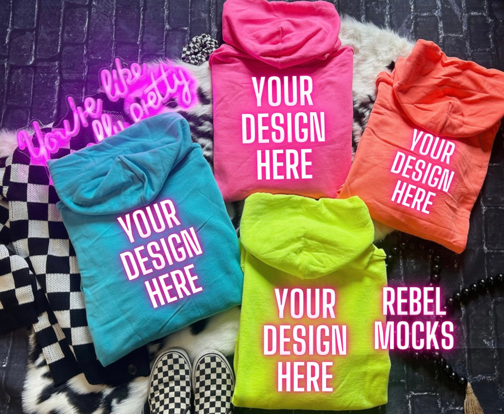 11 Mocks Bundle Combo Neon Hoodies Edgy Trendy Flat Lay & IRL Mock Ups