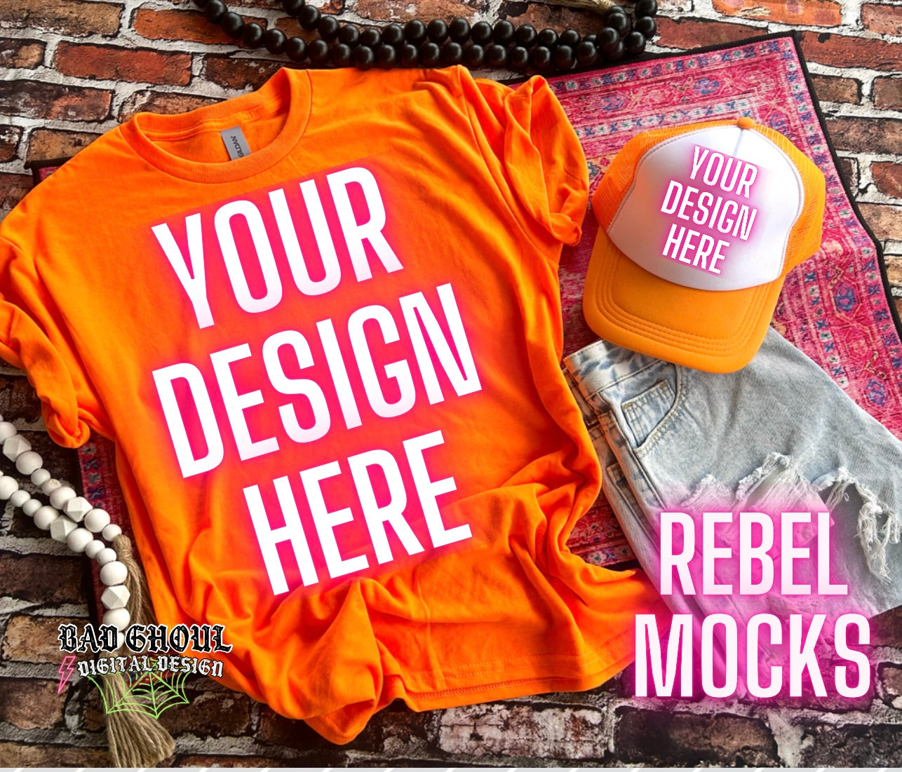 Safety Orange Tee and Hat Flat Lay Mock Up trendy
