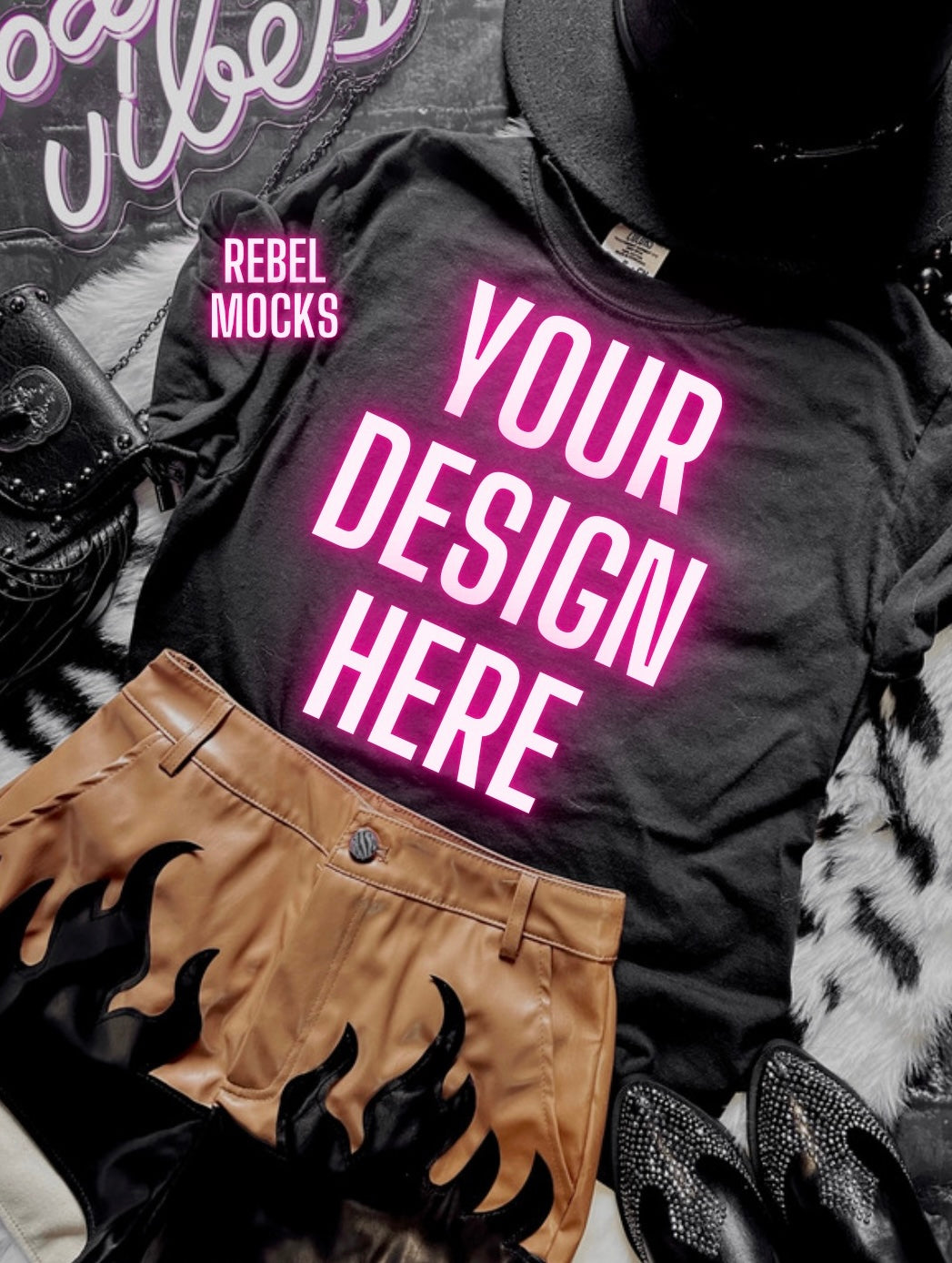 Black Tee and Shorts Mock Up Trendy Edgy Vibes Flat Lay 2 mocks