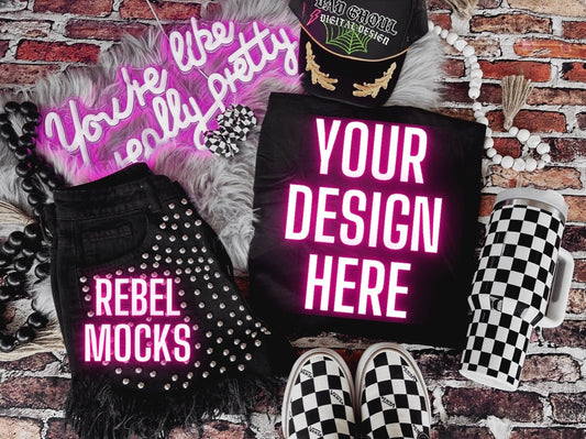 EDGY AF Vibes Black Tee -Hat and Tumbler Flat Lay Mock Up