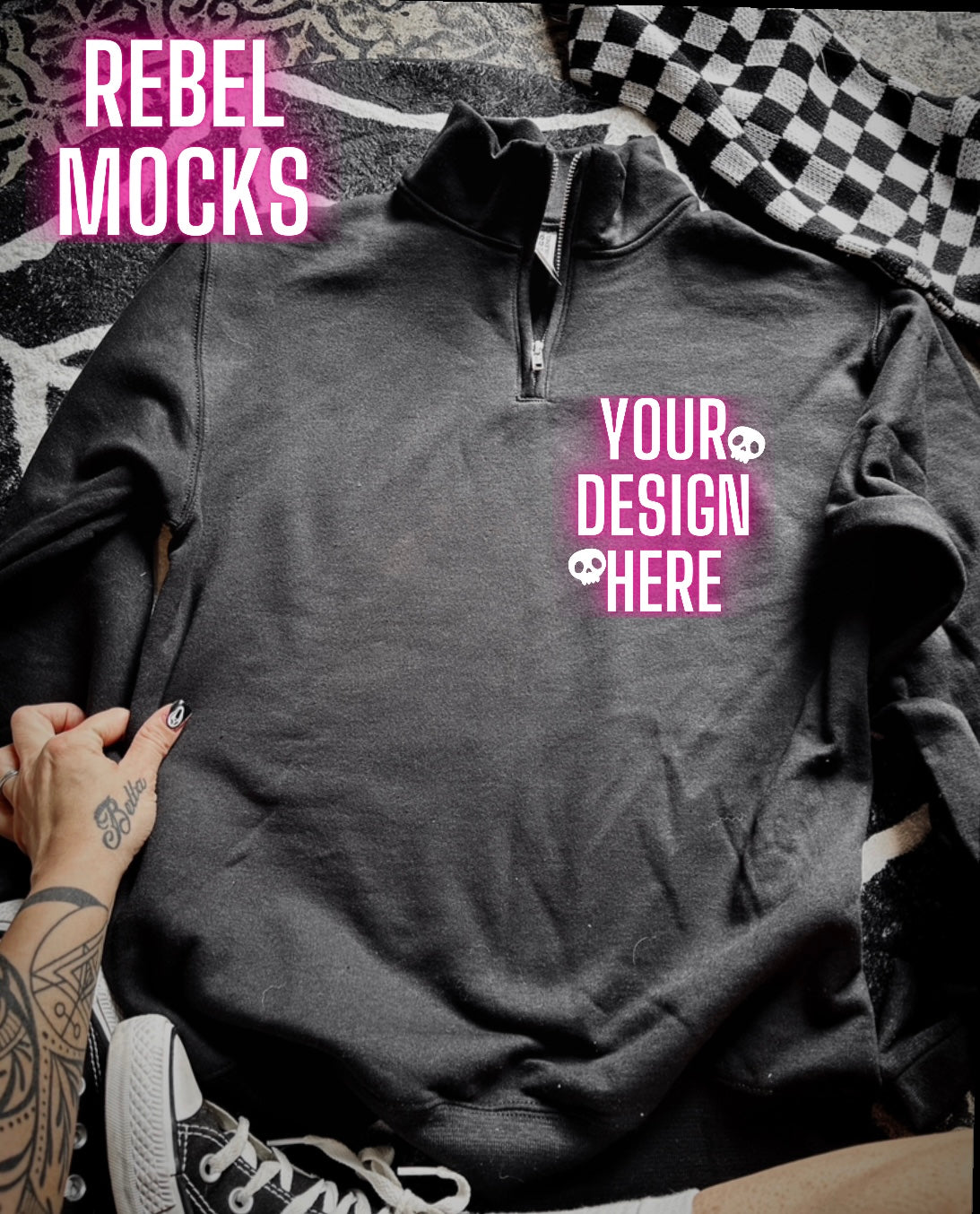 Black half zip flat lay Mock Edgy alt Vibes Mock Up