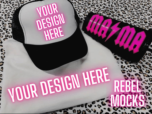 White tee and Hat Flat Lay Mock Up