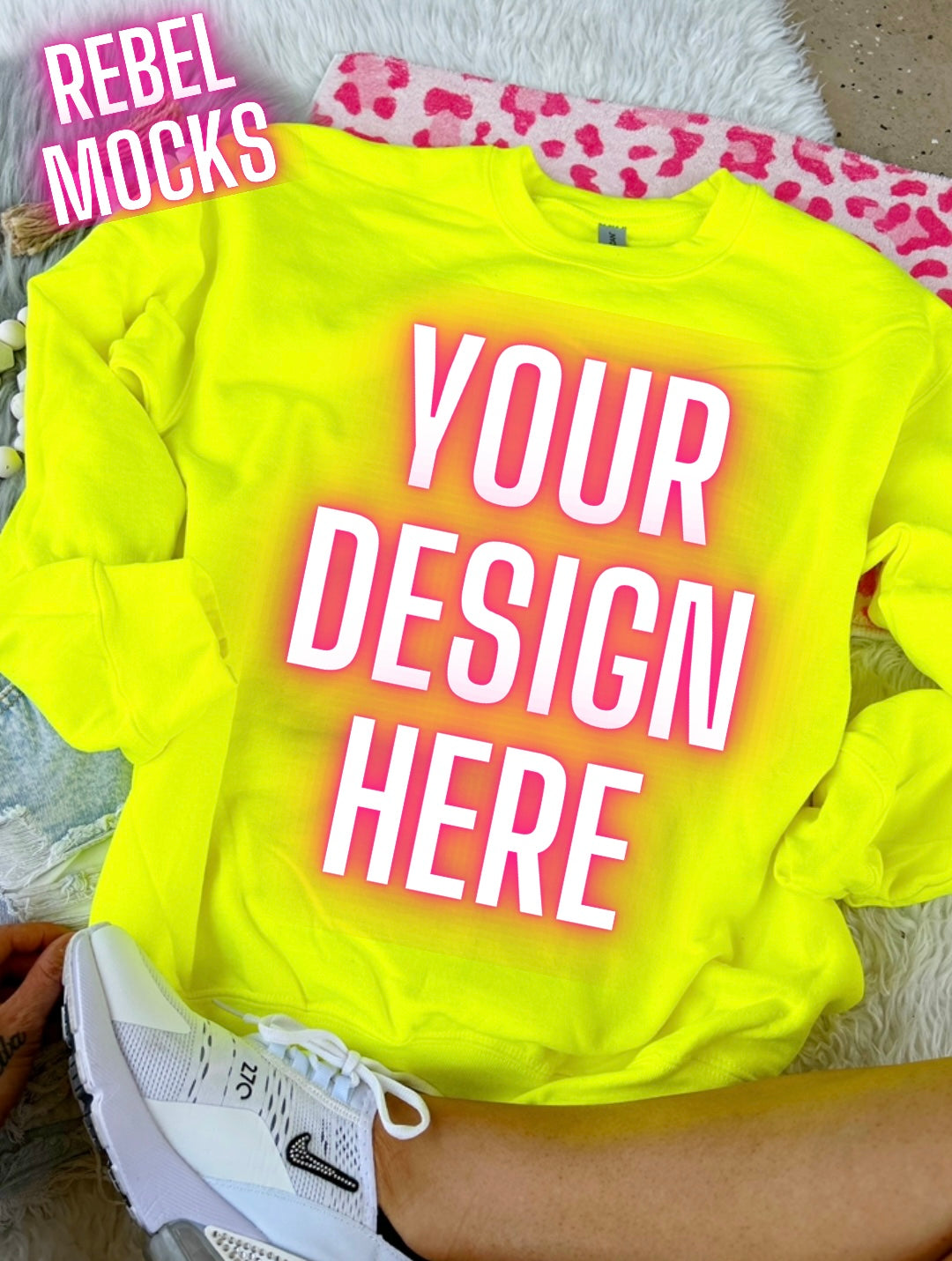 Safety Green Neon Yellow Crewneck Sweatshirt Mock Up flat lay TRENDY Clean Vibes
