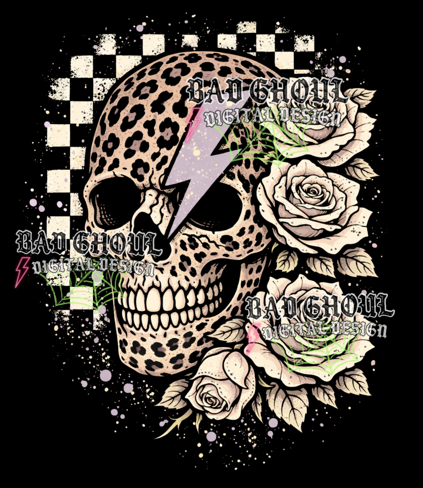Skellie with Roses - Leopard Print | PNG DOWNLOAD BLACK FAB ONLY