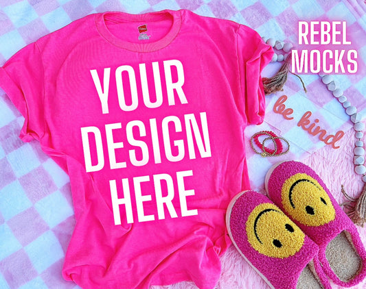 Neon Pink Tee Happy Vibes TRENDING Flat Lay Mock up