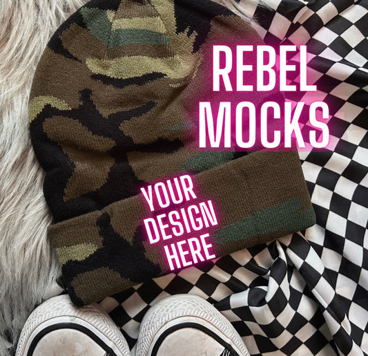 Camo Beanie Trendy Mock Up flat Lay