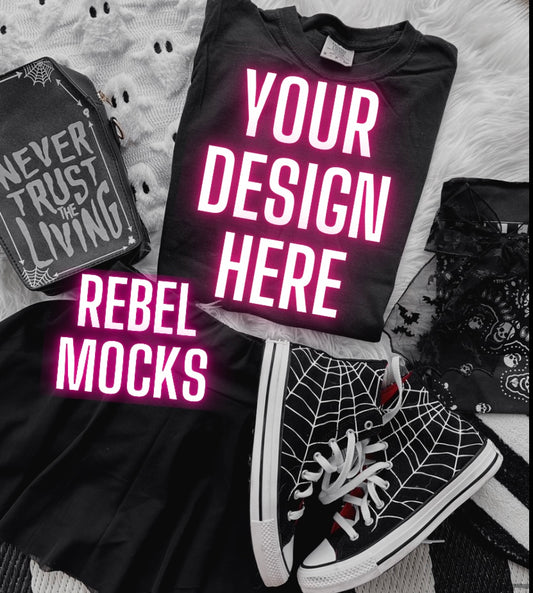 Black Tee Edgy Alt Flat Lay Mock up