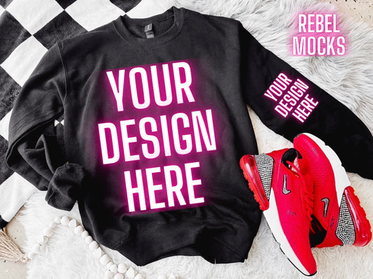 Black Crew Neck Sweatshirt Gildan Trendy Mock Up Flat Lay