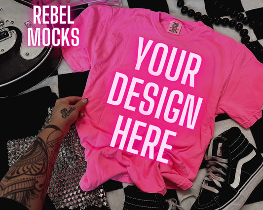 Comfort Colors Neon Pink Tee Alternative Flat Lay Mock Up