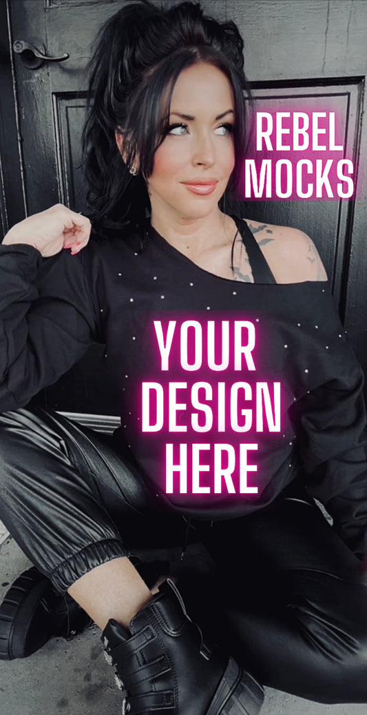 Rhinestone BLING Off Shoulder Black Crew Sweatshirt Model Mock Up