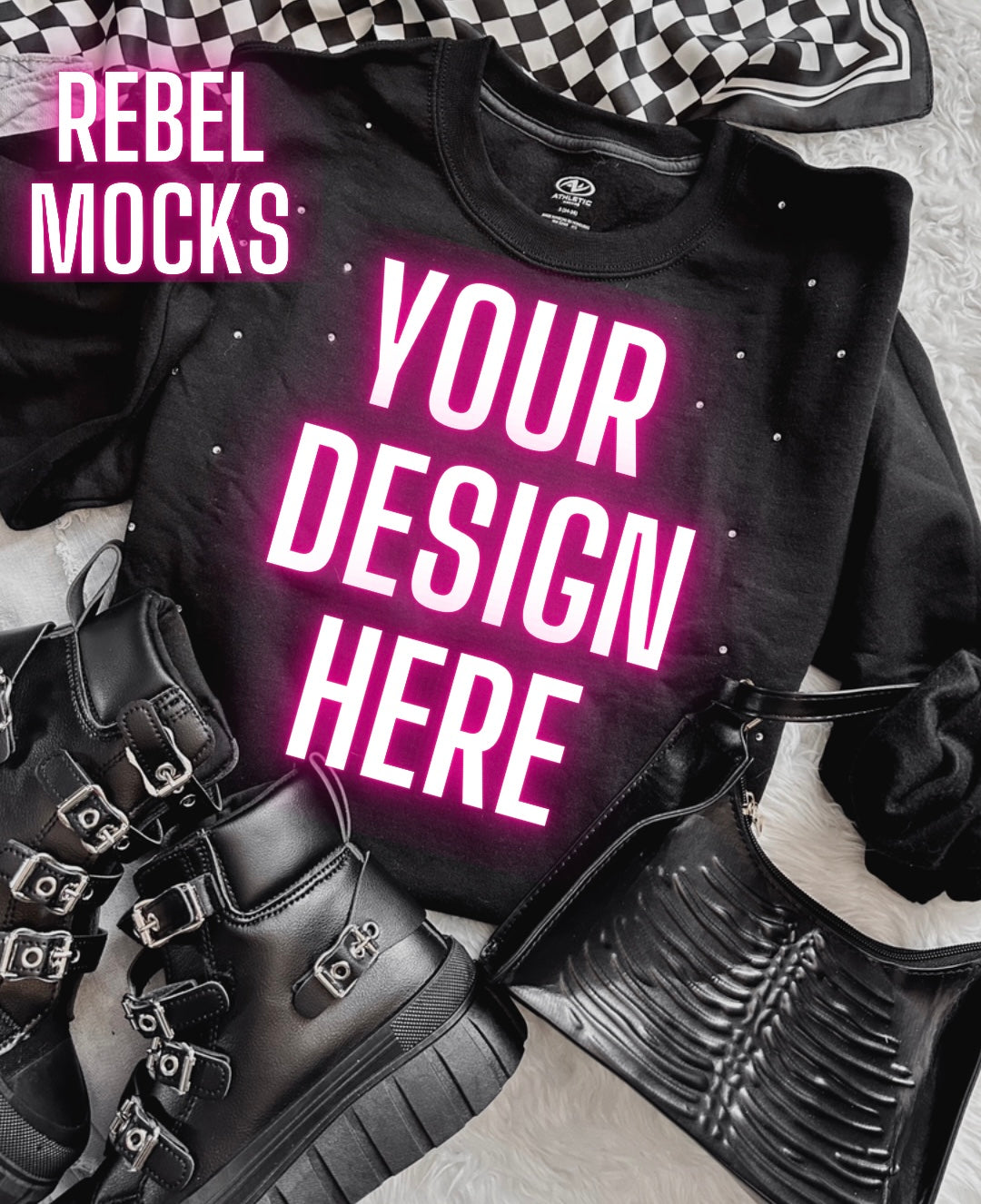 Rhinestone BLING Black Crew Sweatshirt Flat Lay Mock Up